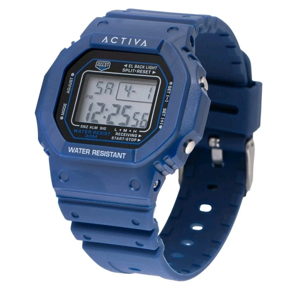 Activa Mens Digital Sports Watch Navy Blue Resin Square Case 30M Water Resistant